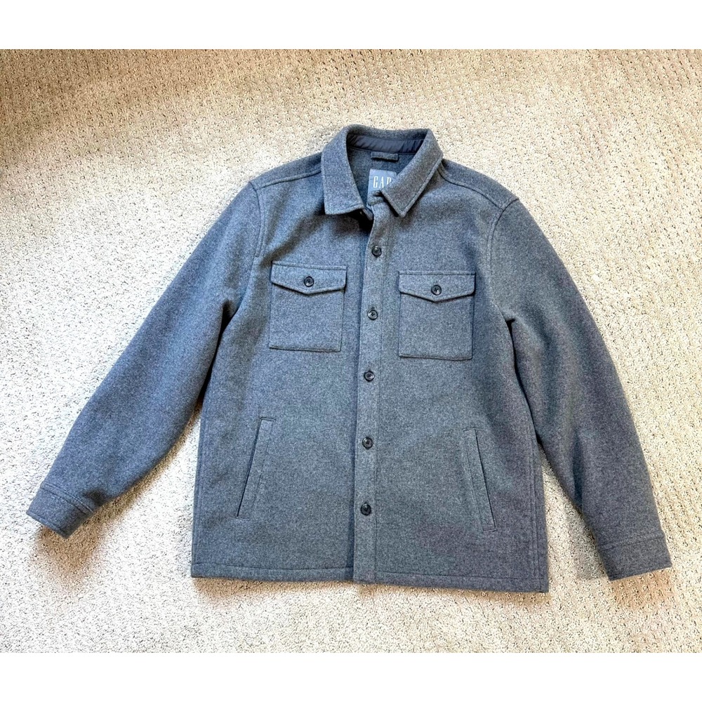 Gap Wool Button-Front Shirt Jacket Men's Large Shacket Gray‎ Pockets Overshirt